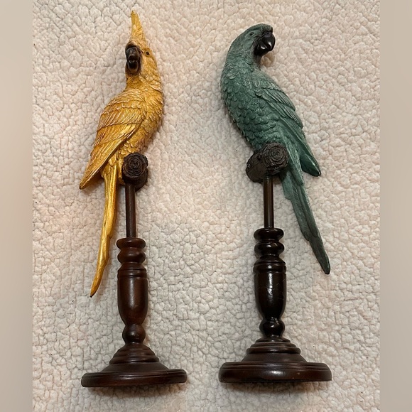 None Other - Resin birds teal parrot and yellow cockatiel on wooden roosts with felt base